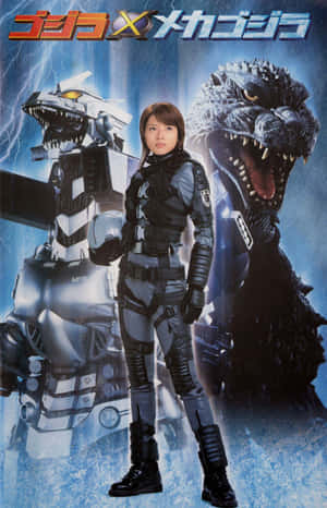 身穿戰術裝備的女兵站在機械哥斯拉和咆哮的哥斯拉之間。 — Redmi Pad 壁紙