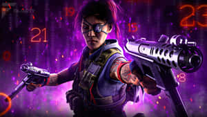 戴眼罩的賽博龐克戰士在霓虹紫色數位環境中手持雙槍。 — 決勝時刻：黑色行動冷戰 壁紙