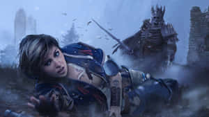 一名女戰士躺在雪中受傷，一名骷髏騎士持劍靠近。 — 巫師 壁紙