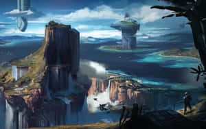 一名士兵俯瞰著漂浮廢墟和瀑布的未來風格海洋。 — MacBook Pro 13 壁紙