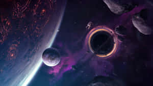太空人在發光蟲洞附近，有小行星和紫色星雲，旁邊是行星 — 深紫色美學 GIF 壁紙