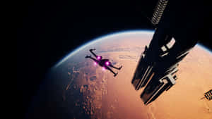 太空人帶著發光推進器在火星表面上方的太空站附近 — 太空人 壁紙