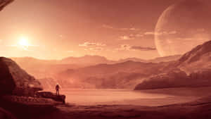 一名太空人凝視著外星世界上的湖泊，天空中有一顆巨大的行星。 — 太空人 壁紙