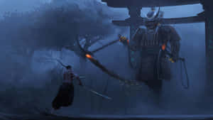 一名戰士在黑暗森林中霧氣瀰漫的鳥居下與一個幽靈武士戰鬥。 — 武士 壁紙
