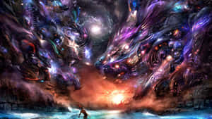 一名戰士在發光水域上方的星空中面對兩條巨大的宇宙龍。 — 抽象藝術 壁紙