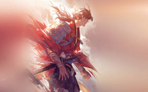 身穿紅色盔甲的動漫武士戰士揮舞著劍，飄逸的頭髮和發光的背景。