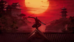 忍者於紅色夕陽下從屋頂躍下，背景有日本寶塔和建築。 — 城堡 壁紙