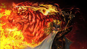 戰士與火焰劍和火焰猛虎的戰鬥場景 — 煉獄 GIF 壁紙