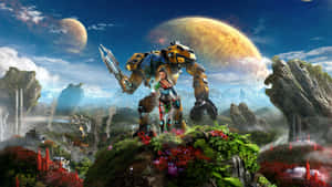 戰士與巨型機甲在外星行星上，有兩個月亮和浮島。 — 遊戲 壁紙