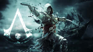 戴兜帽披風的刺客在波濤洶湧的大海上手持手槍和劍，伴有船和標誌。 — 遊戲 壁紙