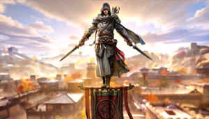 刺客戰士在橫幅上持劍俯瞰古城。 — 黎明 壁紙