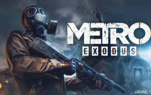 一名戴防毒面具的士兵在廢墟城市中持步槍，帶有 'Metro Exodus' 文字。 — 地鐵：離去 壁紙