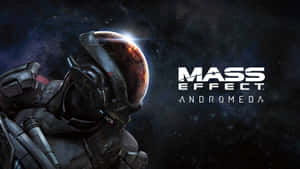 穿著太空裝甲的士兵看著一顆發光的行星，帶有Mass Effect Andromeda標題。 — 質量效應 壁紙