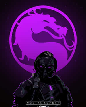 Mortal Kombat 角色 Kabal 身穿暗色盔甲，在紫色龍標誌下眼睛發光。 — Pixel Fold 壁紙