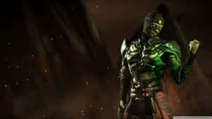 綠色皮膚戴面具的戰士身穿盔甲，在黑暗煙霧繚繞的環境中，周圍漂浮著發光的餘燼。 — 反派出久 壁紙