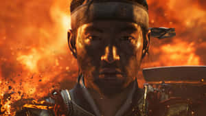 戰鬥中的武士戰士，身後有火焰和火花。 — 對馬戰鬼 GIF 壁紙