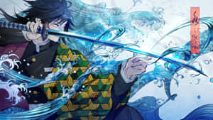 動漫武士揮劍，被旋轉的藍色水流環繞。 — 鬼滅之刃 壁紙