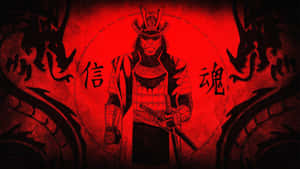 黑色盔甲的武士，帶有龍和漢字，紅色背景。
