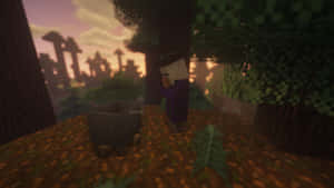 Minecraft角色穿著紫色長袍，在夕陽下的森林中靠近爐子。 — 女巫 GIF 壁紙