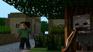Minecraft玩家持劍在木造村莊中與殭屍對峙。 — 我的世界 壁紙
