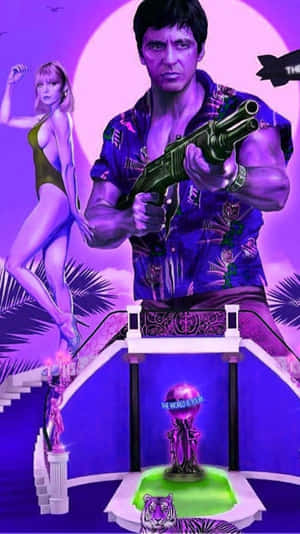 持槍男子與泳裝女子在超現實紫色場景中，帶有建築物。 — 疤面煞星 GIF 壁紙