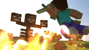 Minecraft玩家在火焰和墜落的方塊中用劍與殭屍戰鬥。