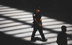 警察在瓷磚地板上穿過條紋光線，旁邊有陰影中的人。 — 數碼 壁紙