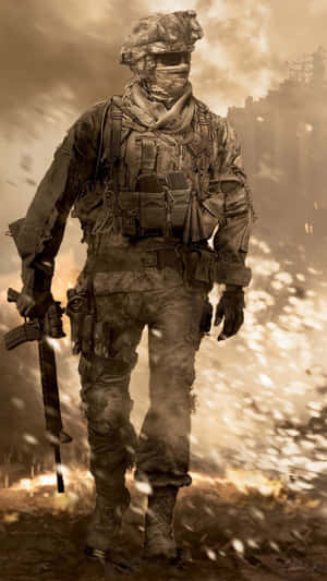 一名全副武裝的士兵在煙霧彌漫的戰場上行走，周圍碎片飛揚。 — 使命召喚：現代戰爭 壁紙