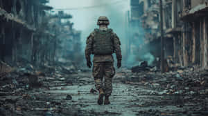 身穿迷彩服的士兵穿過被毀的建築物和瓦礫。