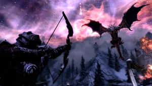 戰士在夜間瞄準飛越雪山的巨龍。 — 地龍 壁紙