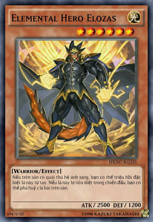 以Elemental Hero Elozas為特色的動漫遊戲卡，帶有發光能量和狐狸尾巴。 — 超級英雄 壁紙