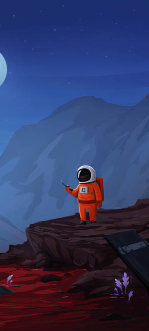 身穿橙色太空衣的太空人探索紅色地面和星空的外星行星 — 可愛卡通 壁紙