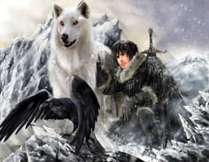雪山風暴中的戰士、白狼和黑烏鴉。 — 狼 壁紙