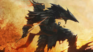 深色盔甲戰士披紅色斗篷在火熱背景中揮劍 — 戰士 壁紙
