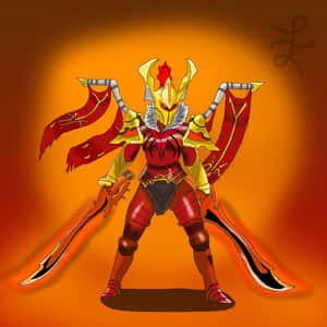 動漫風格戰士，身穿紅金盔甲，手持雙劍，背景為火橙色。 — 現代戰爭 壁紙