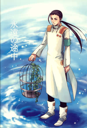 一名身穿白色制服的年輕動漫男子，手持一個帶有藤蔓的鳥籠，漂浮在藍天上。 — 小米Mix 壁紙