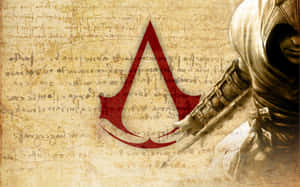 兜帽盔甲刺客在羊皮紙上手持隱藏刀刃，帶有紅色標誌。 — 1280x800 壁紙
