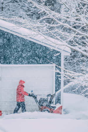 暴風雪期間，有人在車庫前用吹雪機清除積雪。 — 雪 壁紙
