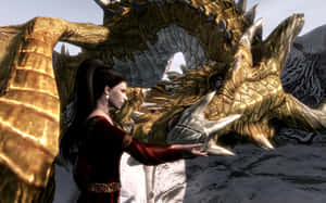 一名身穿紅袍的女子在雪山中輕輕觸摸一條金龍。 — 1280x800 壁紙