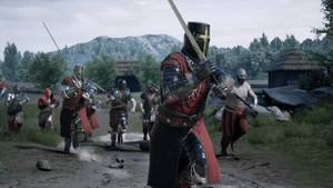 中世紀騎士和戰士在泥濘的村莊空地上戰鬥，背景有山脈。 — 騎士 GIF 壁紙