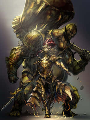 身穿金色盔甲的奇幻戰士面對一個擁有發光眼睛和帶刺棍棒的巨人。 — Kindle Paperwhite 壁紙