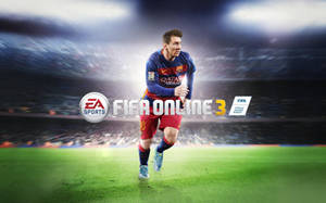 足球運動員在燈光球場上奔跑，帶有FIFA Online 3標誌。 — 電腦 GIF 壁紙