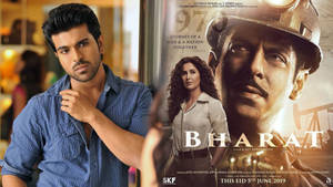 藍色襯衫演員在《Bharat》電影海報旁，與薩爾曼·汗和卡特里娜·卡芙一起。 — 電影 壁紙