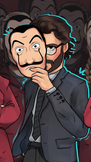 身穿西裝的男子手持達利面具，被帶有藍色輪廓的陰影人物包圍。 — 卡通 壁紙