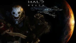 斯巴達士兵戴著骷髏頭盔，太空船在 Halo Reach 中環繞紅色行星。 — 超級英雄 壁紙