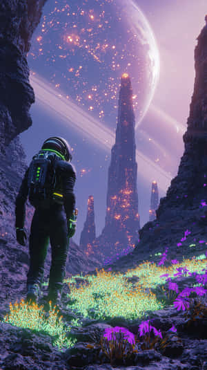太空人探索帶有發光植物和巨大環狀行星的紫色天空下的外星峽谷