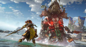 戰士在岩石海灘上與海洋波浪一起對抗巨型機械怪物。 — 遊戲 壁紙