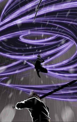 兩名動漫戰士在風暴中交鋒，紫色能量光束在他們周圍旋轉。 — Galaxy Z Fold 8 壁紙
