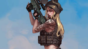 金髮女兵身穿戰鬥裝備，在藍天下手持步槍。 — 遊戲 壁紙