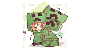 一個chibi女仔攬住一個Minecraft Creeper，附近有個心形漂浮。